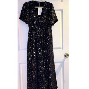 BloomChic Maxi Dress Womens 10 Navy Gold Star Celestial Whimsigoth Wrap V-Neck